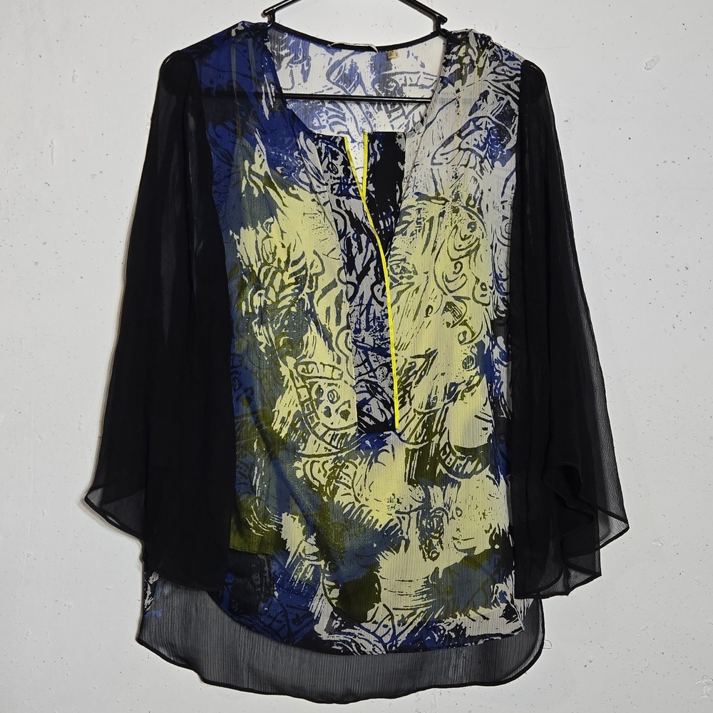 Tahari Womens Chiffon Top Small Abstract Sheer Office Light Layered Flowy Boho